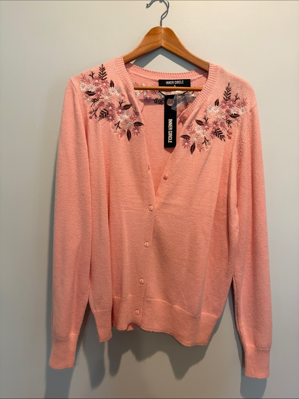 Pink Floral-Embroidered V-Neck Cardigan